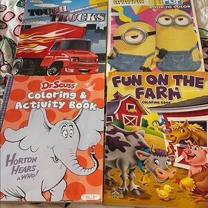Lot of Four New Coloring Books Tough Trucks, Minions, Fun On The Farm, & Horton